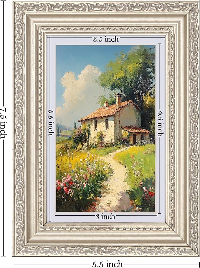 eletecpro 4x6 Picture Frames Set of 4, Ornate Vintage Photo Frames with Glass, Display 3.5x5 Photo with Mat or 4x6 without Mat for Tabletop or Wall Decor, Silver Beige