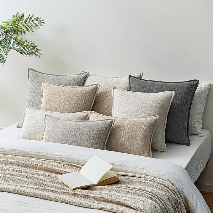 a moment Linen Pillow Covers Set of 2,Boho Farmhouse Throw Pillowcases Neutral Textured Decorative Covers for Couch Sofa,Soft Linen Blend Accent Case Cushion Living Room Home Decor 18"x18"Rustic Gray