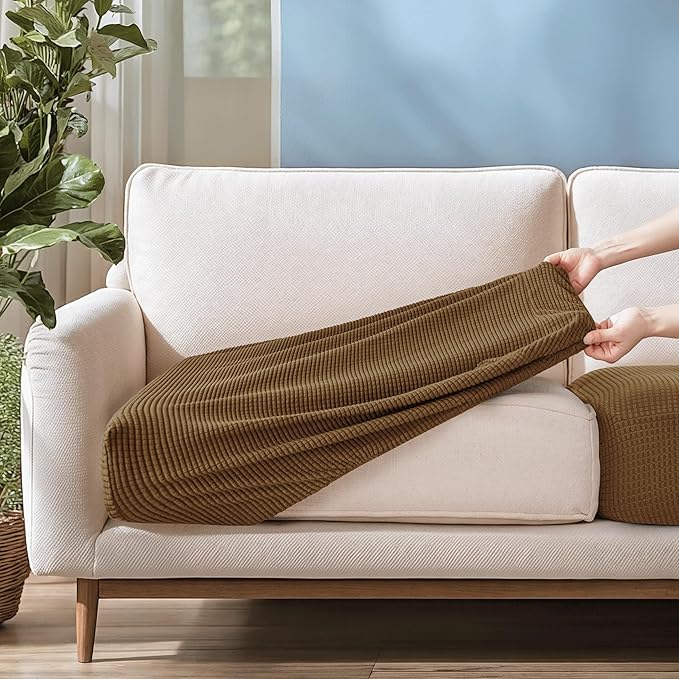 CHUN YI Small Couch Cushion Cover Stretch, Sofa Seat Slipcovers for Pets, Suitable for Armchair Loveseat Sofa with Spandex Jacquard Washable Fabric(Small,Coffee)