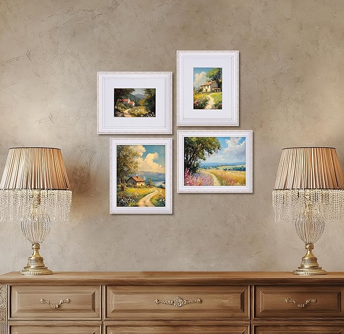 eletecpro 8x10 Picture Frames Set of 4, Vintage 8 x 10 Photo Frames with Glass, Display 5x7 Photo with Mat or 8x10 without Mat for Tabletop or Wall Decor, White