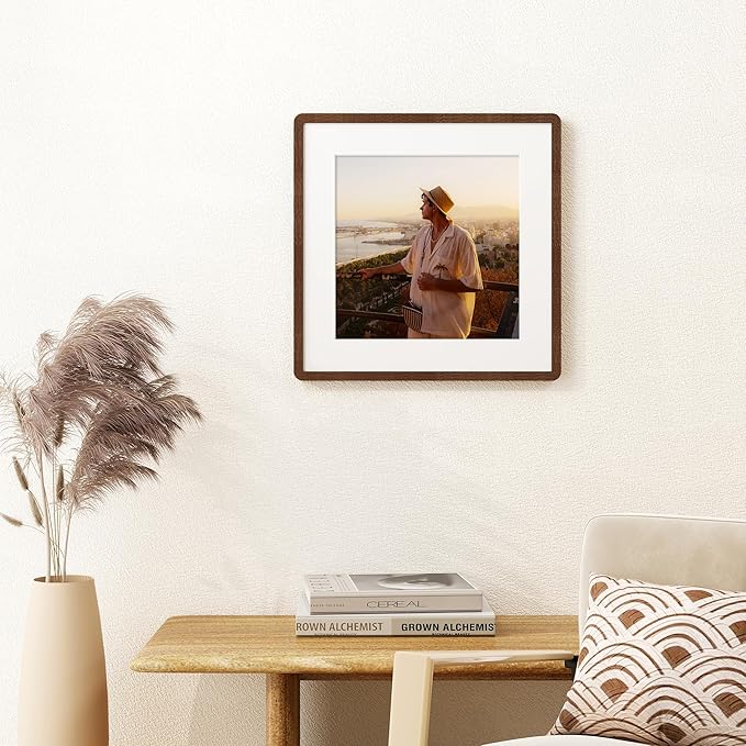 16x16 Picture Frame, Square 16 by 16 Frames for Wall - Solid Oak Wood & Tempered Glass, 16 x 16 Wood Frame Matted to 12 x 12, Square Picture Frame 16"x16" for Home Decor, Walnut Color, 1 Pack