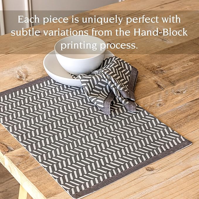 Over&Back Set of 4 Hand-Blocked Placemats - Colorful Dining Table Mat - Each Placemat is Unique - 100% Cotton - Machine Washable - Kitchen and Home Decor - Grey Herringbone