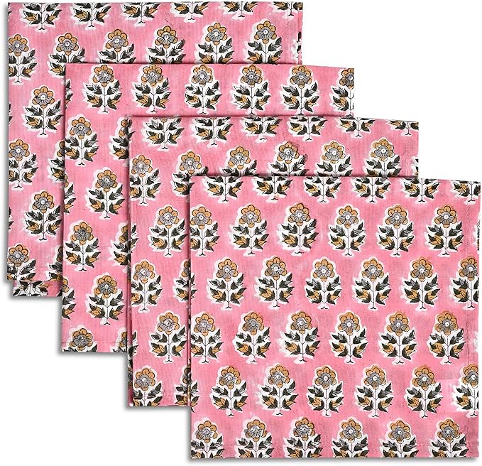 CPC Cloth Napkins 100% Cotton Set of 4 Reusable Napkins, Indian Block Print Toile Floral Dinner Napkin, Fall Thanksgiving Christmas Holiday Party Gift - Soft Absorbent Napkin, 18"x18" Poppy Pink