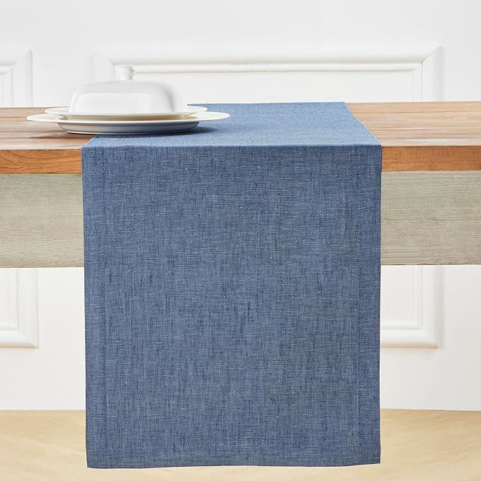 Solino Home Linen Table Runner 120 Inches Long - Athena, 100% Pure Linen Blue Denim Dining Table Runner 14 x 120 Inch for Winter, Spring, Easter