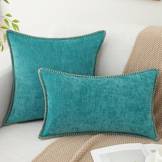 decorUhome Spring Chenille Soft Throw Pillow Covers 26x26 Set of 2, Farmhouse Velvet Neutral Decorative Euro Sham Pillow Covers with Stitched Edge for Couch Sofa Bed Home Decor, Turquoise