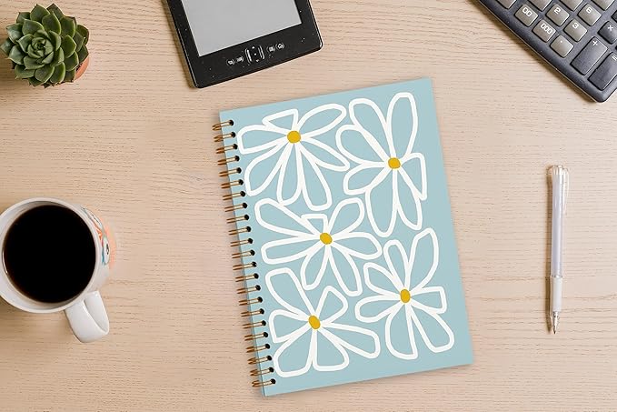 Tizzer Retro 70s Groovy Daisy Flower Light Blue Lined Hardcover College Ruled Spiral Notebook Journal for Work Notes Journaling 5.5×8.3 Inch,Gifts for Flower Lovers Women Teen Girls