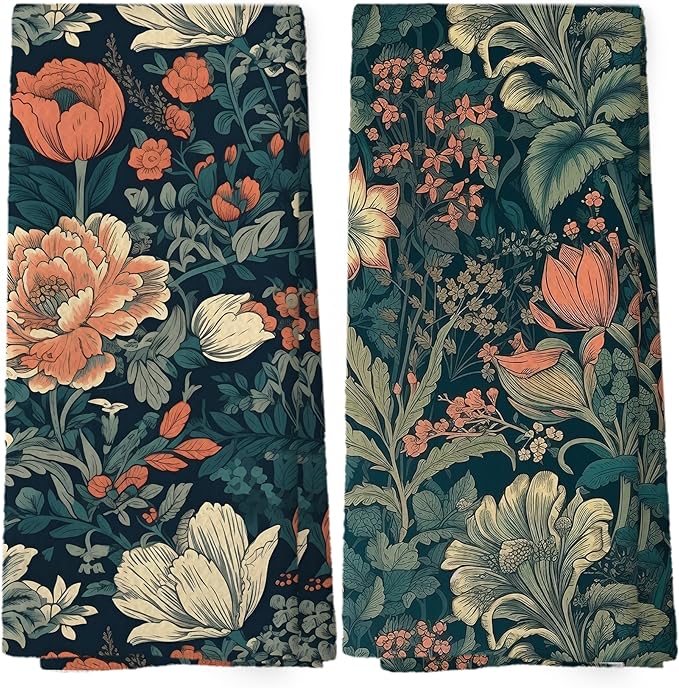Vintage Cottagecore Floral Kitchen Dish Towels, Retro Rustic Midcentury Modern Wildflower Botanical Hand Towels Kitchen Tea Towels Decorations, Boho Flowers Bathroom Decor, 16x24inch Set of 2