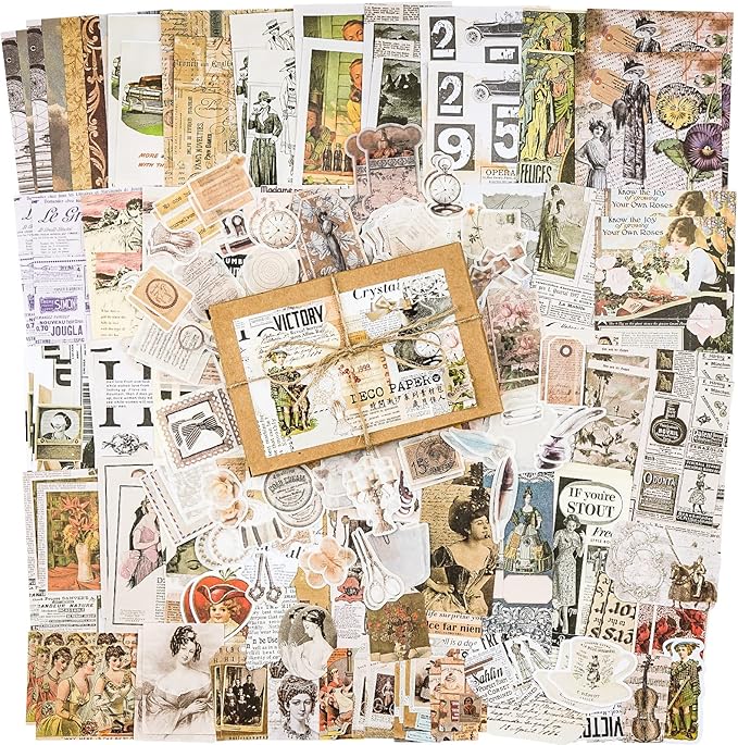 Knaid 200 Pieces Vintage Ephemera Pack Decoupage Paper Junk Journal Kit Scrapbook Planner Sticker Supplies for Art Journaling Bullet Journals Collage Craft Notebooks Album Crafter Gifts (Retro Style)
