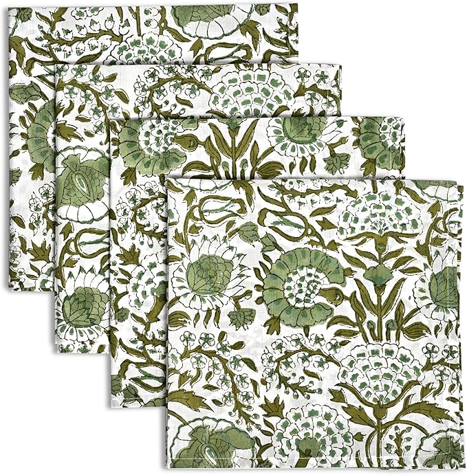 CPC Cloth Napkins 100% Cotton Set of 4 Reusable Napkins, Indian Block Print Toile Floral Dinner Napkin, Fall Thanksgiving Christmas Holiday Party Gift - Soft Absorbent Napkin, 18"x18" Agate Green