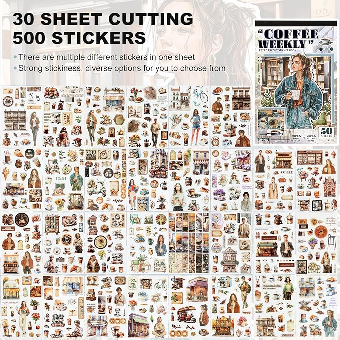 Scrapbooking Stickers - 500 Pre-Cut Washi Stickers & 20 Scrapbook Papers Coffee and People Sticker Books for journaling Scrapbooking Supplies
