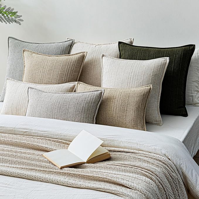a moment Linen Pillow Covers Set of 2,Boho Farmhouse Throw Pillowcases Neutral Textured Decorative Covers for Couch Sofa, Soft Linen Blend Accent Case Cushion Living Room Home Decor 22"x22"Light Grey