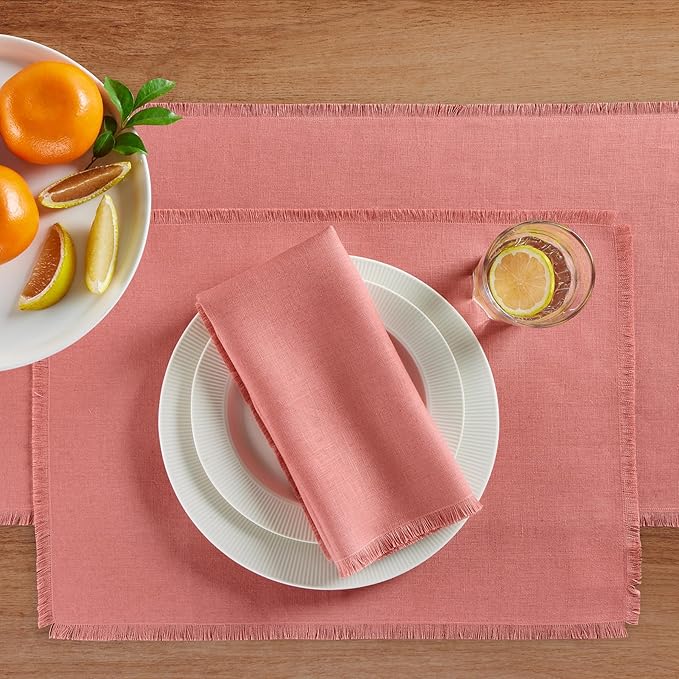 Solino Home Fringe Linen Placemats Set of 4 - Dusty Rose Placemats 14 x 19 Inch - 100% Pure Linen Table Mats for Valentines, Spring, Easter