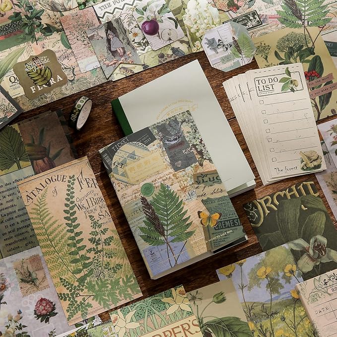 Scrapbooking Supplies Kit, Vintage Botanical Aesthetic Scrapbook Kit for Bullet Junk Journal, Stationery, A6 Grid Notebook, Flower DIY Journaling Supplies, Birthday Craft Gift Teen Girl Kid Women