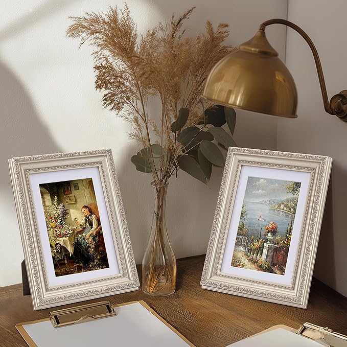 eletecpro 5x7 Picture Frames Set of 4, 5 x 7 Vintage Photo Frames with Glass, Displays 4x6 Photo with Mat or 5x7 without Mat for Tabletop or Wall Decor, Silver Beige
