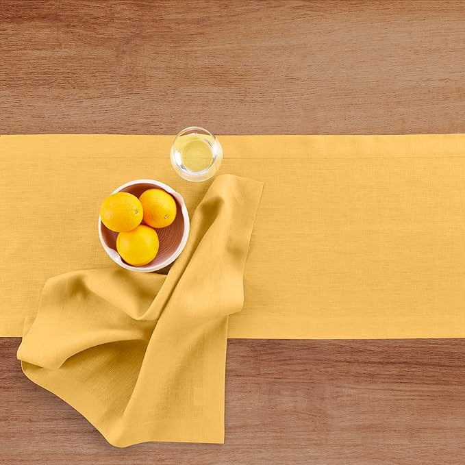 Solino Home Linen Mustard Yellow Table Runner 72 Inches Long - 100% Pure Linen 14 x 72 Inch Table Runner for Spring, Easter - Fete