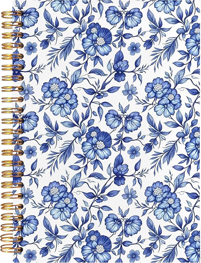 BearCake Floral Chinoiserie Grandmillennial Notebook Journal, Blue Floral Aesthetic Notebook, Chinoiserie Journal, Blue Aesthetic Office Supplies, Notebooks for Work, Hardcover Spiral Notebook 5.5x8.3