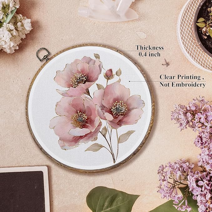 FUGWN Vintage Pink Floral Round Wall Art Decor Framed, Rustic Floral Canvas Artwork Prints, Farmhouse Cottagecore Botanical Flower Wall Hanging Decorations for Home Bedroom Living Room, 10x10 Inch