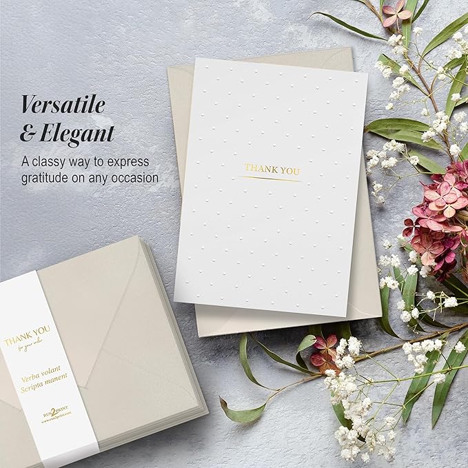 RUN2PRINT Luxury Thank You Cards with Envelopes & Gold Foil Stickers - Bulk Pack of 100 Elegant Blank Notes for Wedding, Baby Shower, Business, Graduation