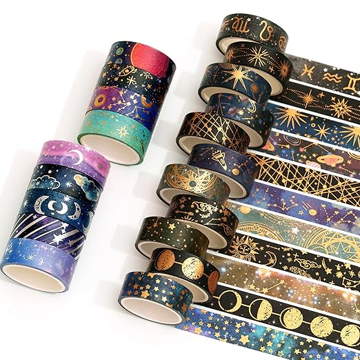 YUBBAEX 20 Rolls Galaxy Washi Tape Set Constellations Arts Masking Tape Gold-Foil Starry Night Designs Decorative for DIY Crafts, Bullet Journal Supplies, Planners, Scrapbook, Card/Gift Wrapping