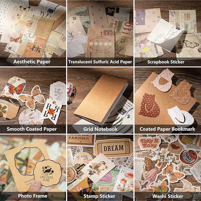 JOYCHOIC Vintage Scrapbooking Supplies Aesthetic Journaling Kit, Scrapbook Large Collection for Bullet Junk Journal, Arts Craft Collage, Beginners, Girls Ephemera Teenage Teens School