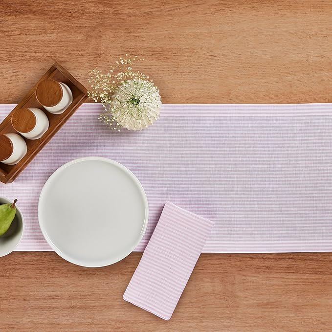 Solino Home Linen Table Runner 90 Inches Long - Narrow Stripe, 100% Pure Linen Pink and White Farmhouse Table Runner 14 x 90 Inch for Dining, Valentines, Spring, Easter