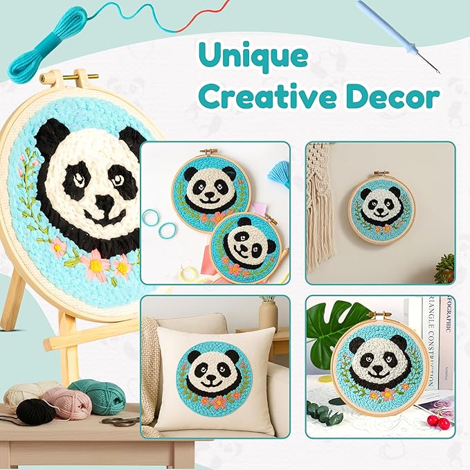 TEKWAVE Punch Needle Kit for Adults Beginners Cute Panda Design, Step-by-Step Video Pre-Printed Pattern and Written Instructions, DIY Embroidery Set with Yarn, Fabric, Hoop for Home Decor Crafts