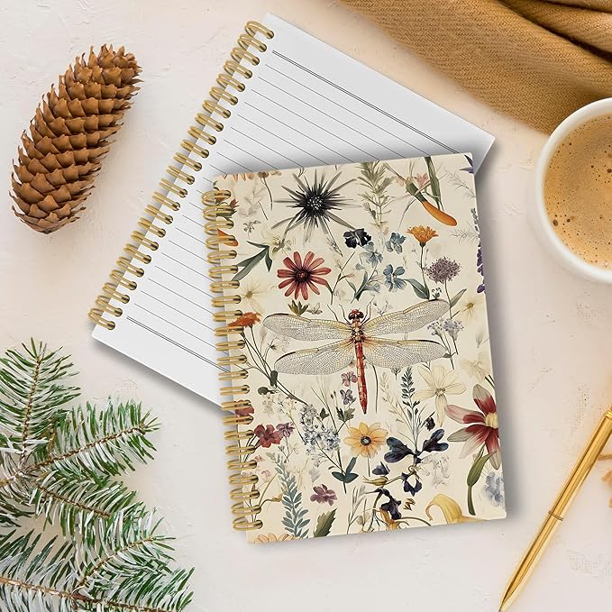 Vintage Dragonfly Journal Notebook, Summer Floral Notebooks College Ruled for Work School, Gifts for Girls Women Dragonfly Lovers, Office Supplies, Hardcover Spiral Notebook 5.5"x8.3"