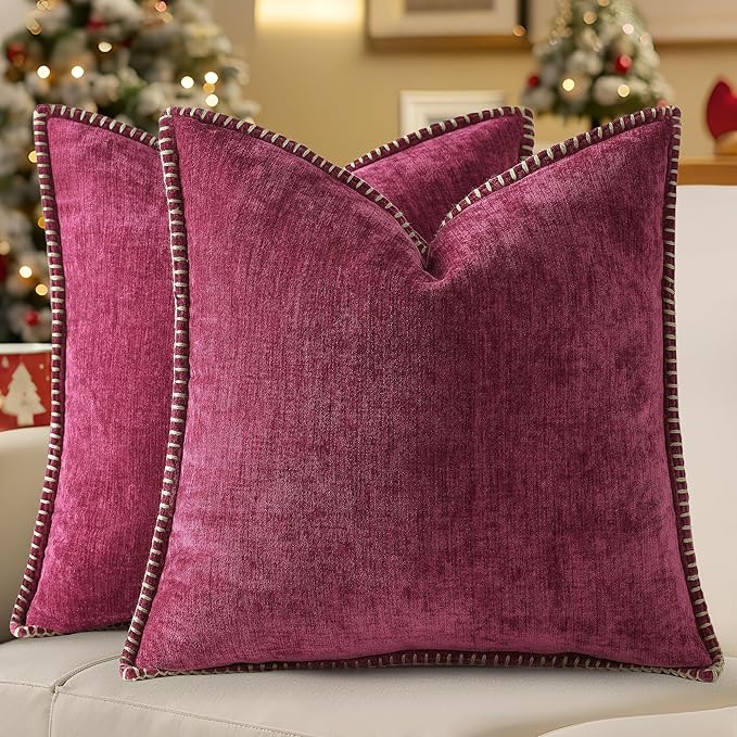 decorUhome Spring Chenille Soft Throw Pillow Covers 22x22 Set of 2, Farmhouse Velvet Neutral Decorative Euro Sham Pillow Covers with Stitched Edge for Couch Sofa Bed Home Decor, Rhododendron