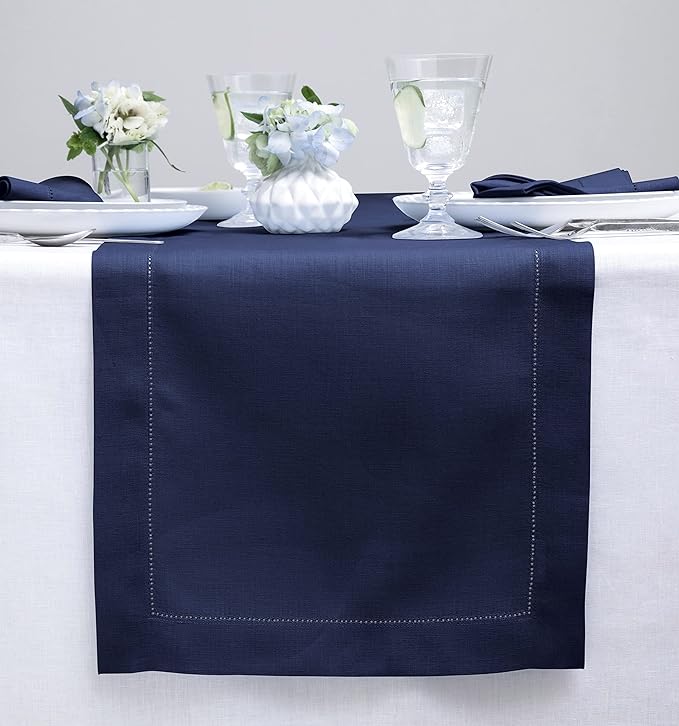 Solino Home Linen Table Runner 120 Inches Long - Classic Hemstitch 100% Pure Linen Navy Blue Dining Table Runner 16 x 120 Inch for Easter, Winter