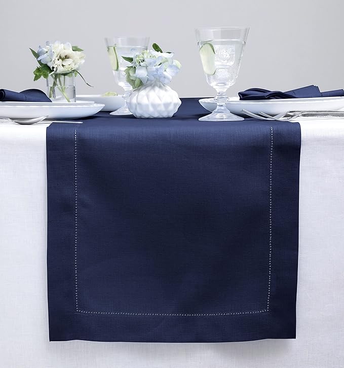 Solino Home Linen Navy Blue Table Runner 108 Inches Long - 100% Pure Linen 14 x 108 Inch Table Runner for Easter - Classic Hemstitch