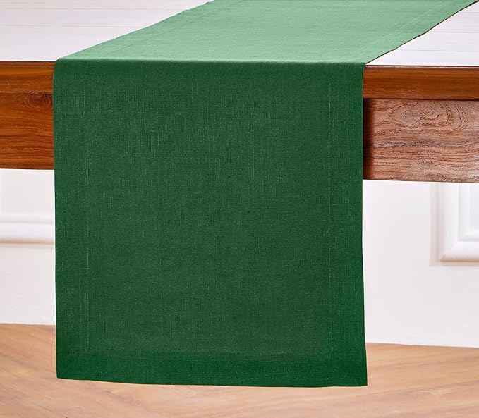 Solino Home Linen Table Runner 36 Inches - 100% Pure Linen Pine Green Table Runner 14 x 36 Inch Ideal for Dresser and Coffee Tables - Fete