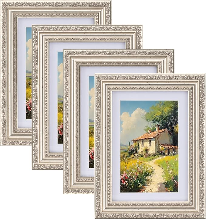 eletecpro 5x7 Picture Frames Set of 4, 5 x 7 Vintage Photo Frames with Glass, Displays 4x6 Photo with Mat or 5x7 without Mat for Tabletop or Wall Decor, Silver Beige
