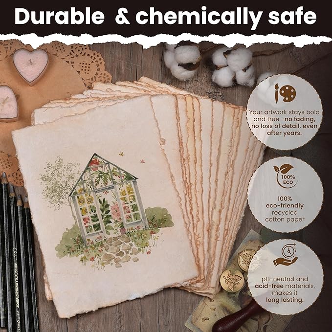 LEATHER VILLAGE Watercolor Paper- 8 X 6 inches - 25 Sheets Watercolor Paper for Drawing, Sketching, Painting & Crafts - 150 GSM Thick Deckle Edge Virgin Cotton Handmade Paper - Vintage