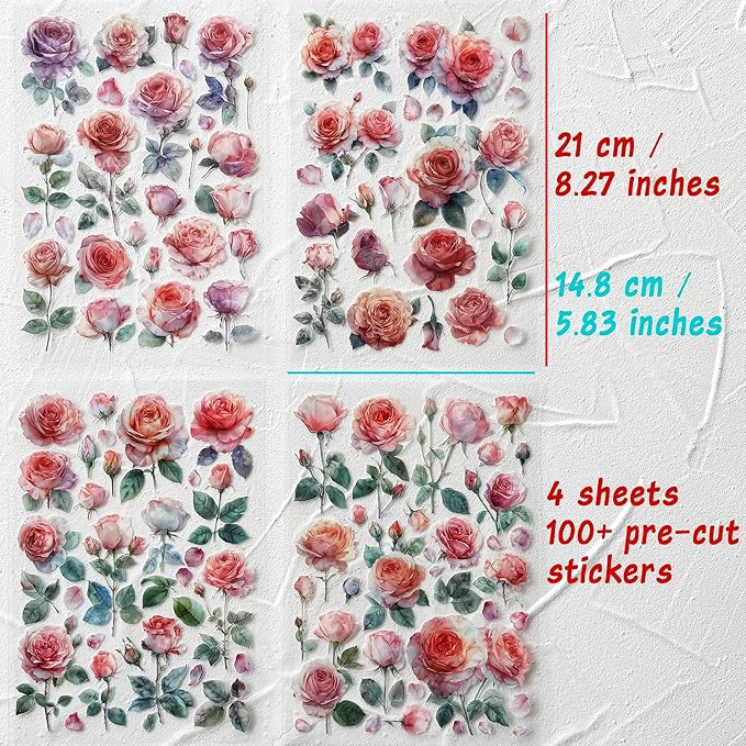 Watercolor Roses Stickers for Scrapbooking, Self-Adhesive Flowers Stickers Journal Embellishment Supplies for Art Craft Decorations
