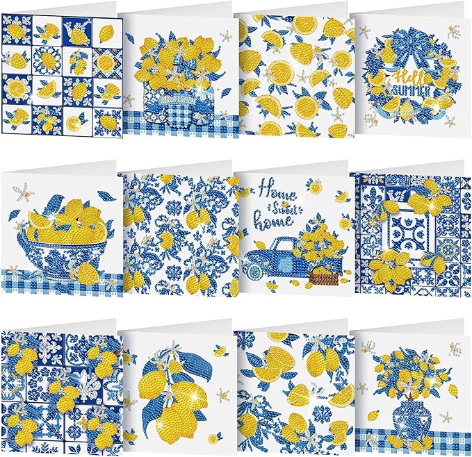 Saillong 12 Pack Capri Lemon Diamond Painting Greeting Card Kit with Envelopes Blue Yellow Lemon Diamond Art Cards 5D Rhinestones Painting Making Kits for Adult DIY Craft Family Friend Holiday Gifts