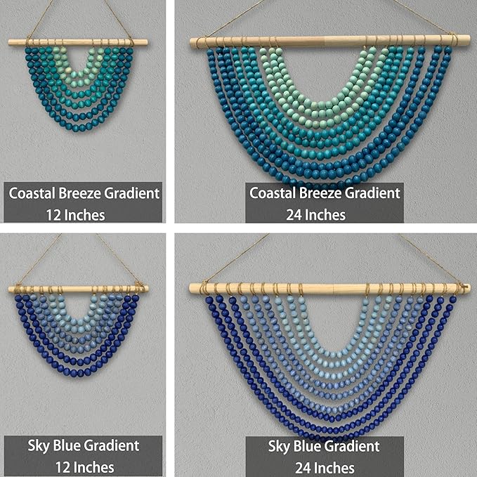 Fenisam Boho Chic Wooden Bead Garland Wall Hanging Tapestry, Natural-Inspired Home Decor for Living Room, Bedroom, Entryway, Nursery, Apartment & Dorm (Sky Blue Gradient, 24 Inches)