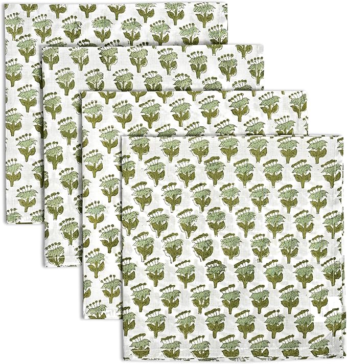 CPC Cloth Napkins 100% Cotton Set of 4 Reusable Napkins, Indian Block Print Toile Floral Dinner Napkin, Fall Thanksgiving Christmas Holiday Party Gift - Soft Absorbent Napkin, 18"x18" Emerald Green