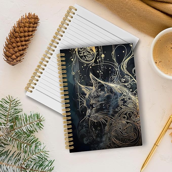 Cat Journal Notebook - Mystical Golden Kitty Aesthetic Notebooks College Ruled for Work School, Cats Mom Lady Gifts for Lovers Women, Cat Office Supplies, Hardcover Spiral Notebook 5.5"x8.3"