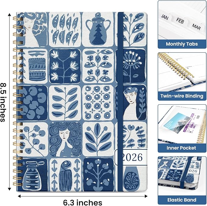 2026 Planner, Weekly and Monthly Calendar Planner for Women, Jan 2026 - Dec 2026, Hardcover Planning Agenda book with Tabs, Spiral Bound, Inner Pocket, Perfect for School Office Supplies, 6.3" x 8.5" - Blue Art