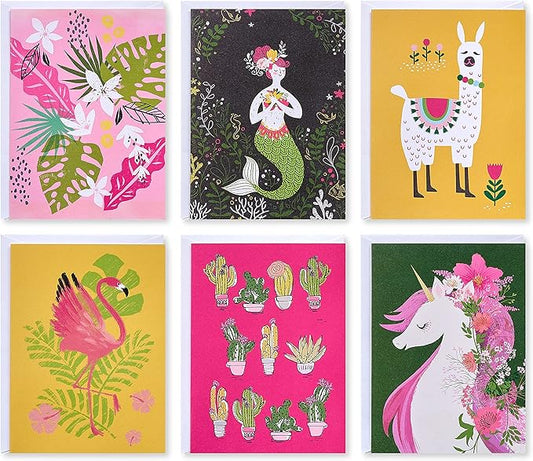 American Greetings Blank Cards with Envelopes for All Occasions, Unicorn, Floral, and Mermaids (48-Count)