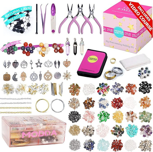 MODDA Natural Stone Jewelry Making Kit for Adults, Women. Includes Video Course, Crystal, Lava, Chakra Beads, Necklace, Bracelet, Earrings, Ring Supplies for Adults