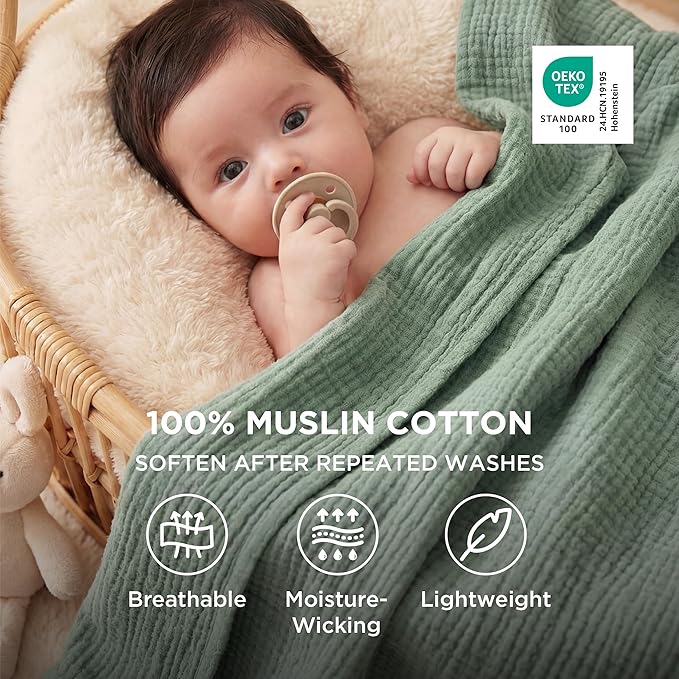 Bedsure 100% Cotton Muslin Throw Blanket Large 50x70 Inches - 4-Layer Breathable and Lightweight Thin Soft Summer Gauze Muslin Blankets for Adults, Sage Green, Boho Cotton Throw for Couch