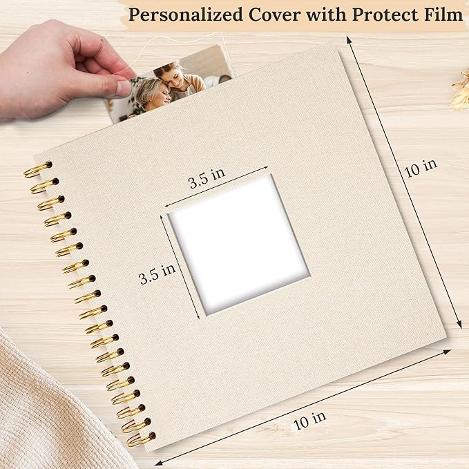 Scrapbook Photo Album Linen Cover, 10 x 10 Inch Hardcover Kraft White Pages Memory Book, for Travel Wedding Guest Book Christmas Baby Shower (20 Sheets/ 40 Pages,Beige)