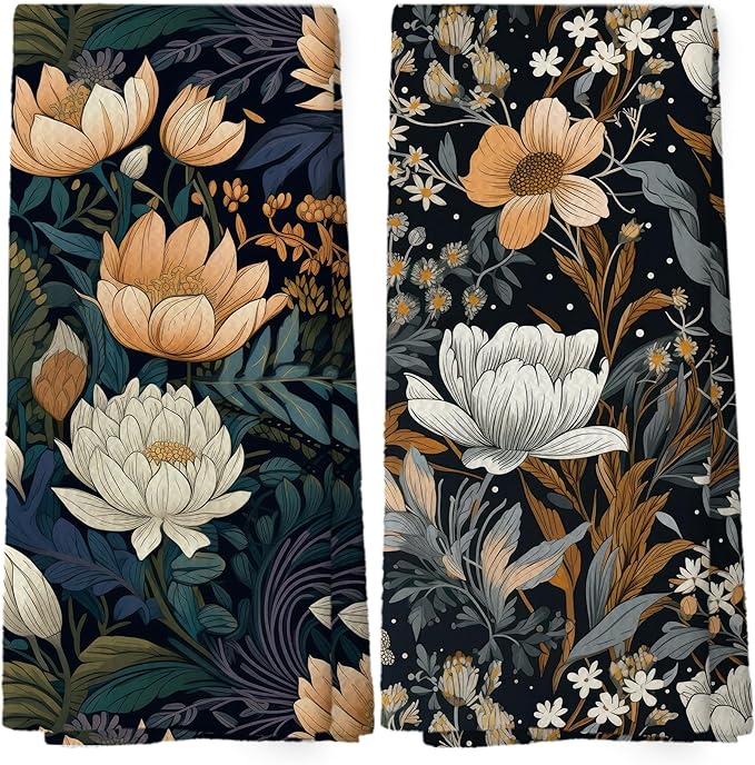 Retro Boho Floral Decor Kitchen Dish Towels Set of 2, Vintage Bohemian Flower Decor for Kitchen Bathroom, Botanical Black Landscape Hand Towels Tea Towels Farmhouse Decorations, 16x24inch