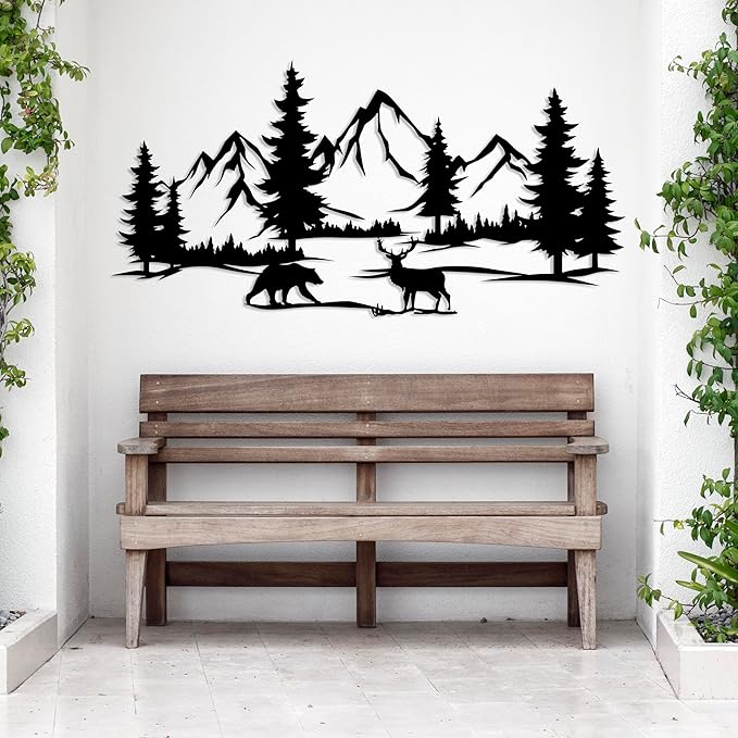 DecoSoul Mountain & Forest Metal Wall Art - Extra Large Farmhouse Wall Decor, Pine Tree & Bear Outdoor Metal Sign, Mountain Range View, Housewarming Gift