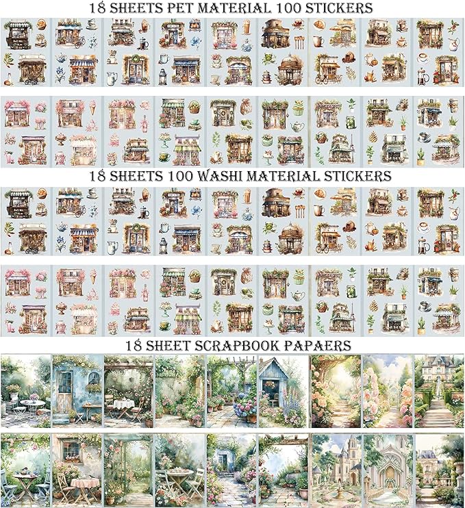 Coffee Shop Scrapbook Stickers 36 Sheets 200 Pre-Cut Washi Stickers for Journaling PET Transparent Sticker 18 Sheets Scrapbook Paper Decorative or DIY Crafts Arts and Crafting Projects