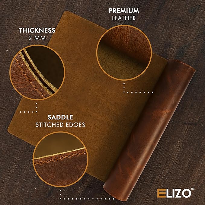 Elizo Real Leather Desk Mat Set (32x16) Large Desk Cover Desk Blotter Protector Computer Gaming Mouse Pad Table Laptop Office Desktop Accessories