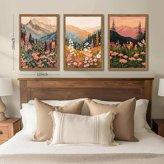 Boho Colorful Landscape Wall Art Set of 3, Vintage Wildflower Mountain Canvas Wall Decor Paintings, Rustic Nature Floral Pictures Prints for Living Room Bedroom 12x16 Inch Wood Framed