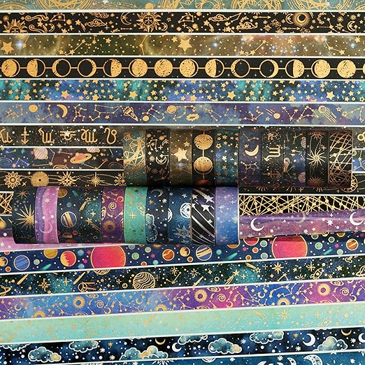YUBBAEX 20 Rolls Galaxy Washi Tape Set Constellations Arts Masking Tape Gold-Foil Starry Night Designs Decorative for DIY Crafts, Bullet Journal Supplies, Planners, Scrapbook, Card/Gift Wrapping