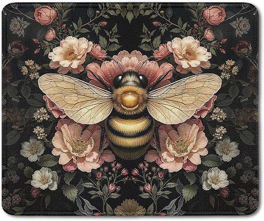 Vintage Moody Floral Bee Mouse Pad, Bee Lover Gifts, Dark Cottagecore Botanical Bumblebee Insect Mouse Pads Mousepad for Home Office Dorm Computers Laptop Supplies Desk Accessories, 9.5x7.9 Inch